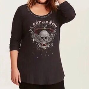 TORRID•LEGENDARY GRAPHIC STUDDED NECK WAFFLE KNIT TUNIC